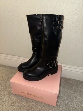 Black Tall Buckle Heeled Boots - Berness